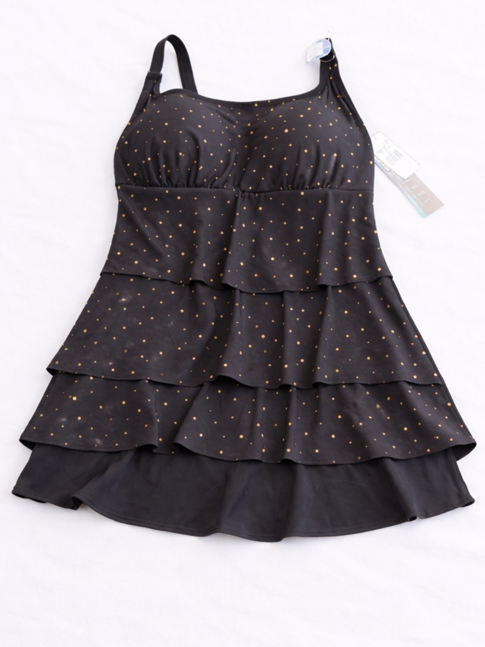 Longitude Black Gold Polka Dot One Piece Swimsuit Ruffle Tummy Control NWT 18W